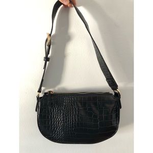 Mango Black Faux Leather Croc Print Baguette Bag